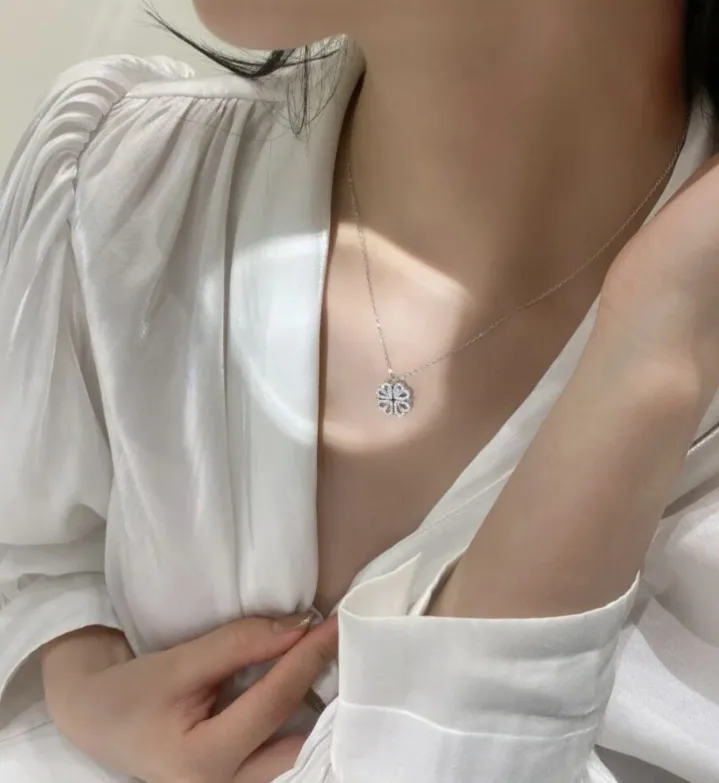 Retro Magnetic Folding Heart Shaped Four Leaf Clover Pendant Necklace Women Love Clavicle Chain Gifts Openable Choker Jewelry — detail 7