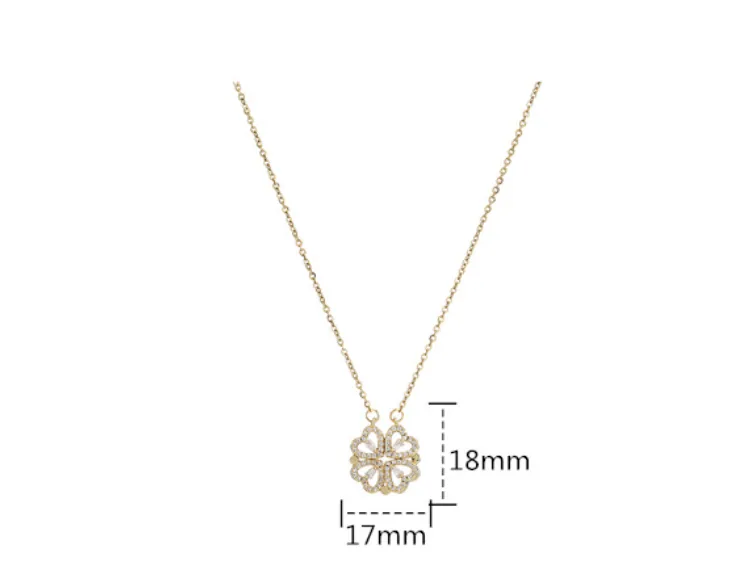 Retro Magnetic Folding Heart Shaped Four Leaf Clover Pendant Necklace Women Love Clavicle Chain Gifts Openable Choker Jewelry — detail 1