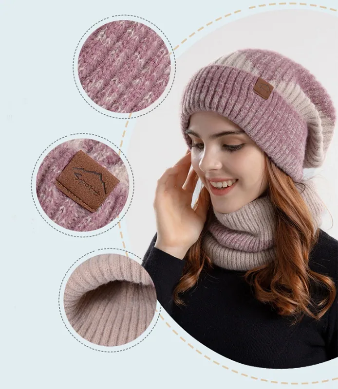 2pcs Knitted Hat Suit With Scarf Winter Two-color Hat And Thick Warm Earflaps Wool Scarf — detail 2