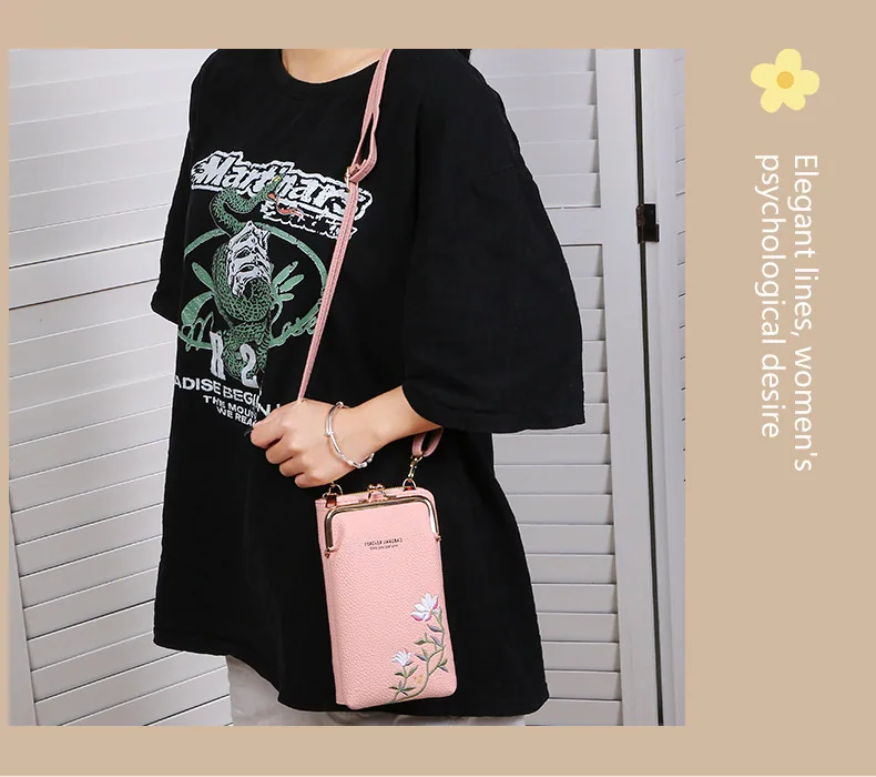 Flower Embroidery Phone Bag With Lock Buckle Outdoor Long Wallet Fashion Shoulder And Crossbody Bags — detail 2