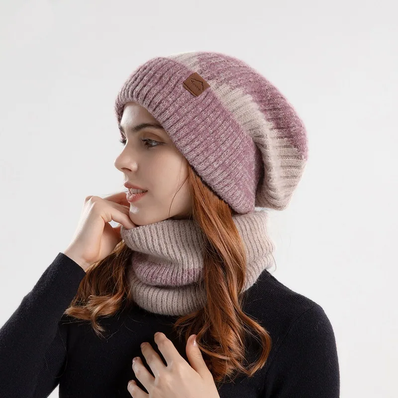 2pcs Knitted Hat Suit With Scarf Winter Two-color Hat And Thick Warm Earflaps Wool Scarf — detail 1