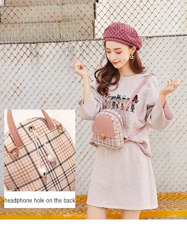 Ladies Check Lock Small Backpack One Shoulder Diagonal Handbag Coin Purse — detail 1