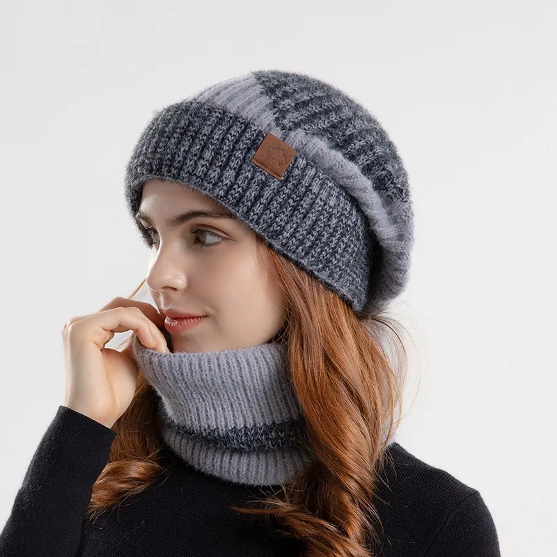 2pcs Knitted Hat Suit With Scarf Winter Two-color Hat And Thick Warm Earflaps Wool Scarf — detail 5