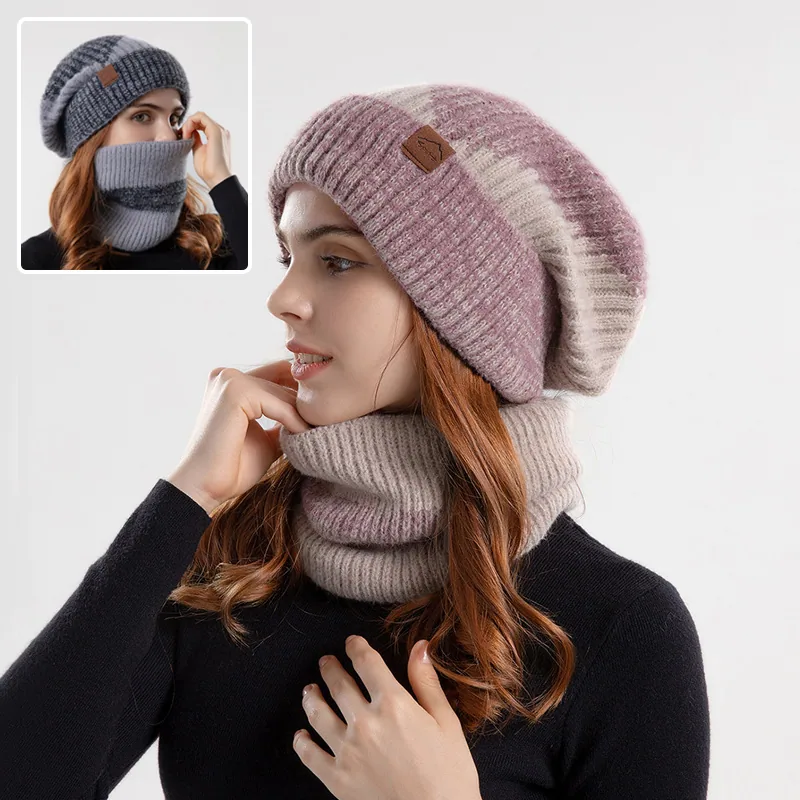 2pcs Knitted Hat Suit With Scarf Winter Two-color Hat And Thick Warm Earflaps Wool Scarf — image 1