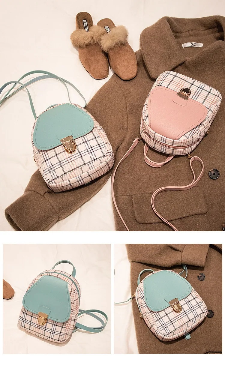 Ladies Check Lock Small Backpack One Shoulder Diagonal Handbag Coin Purse — detail 2