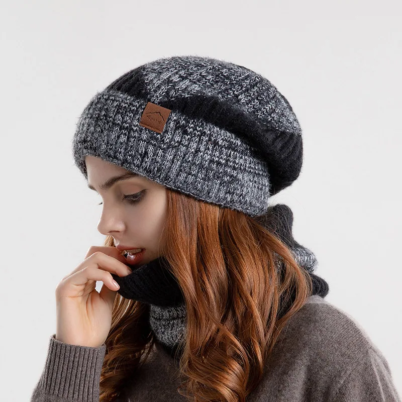 2pcs Knitted Hat Suit With Scarf Winter Two-color Hat And Thick Warm Earflaps Wool Scarf — detail 3