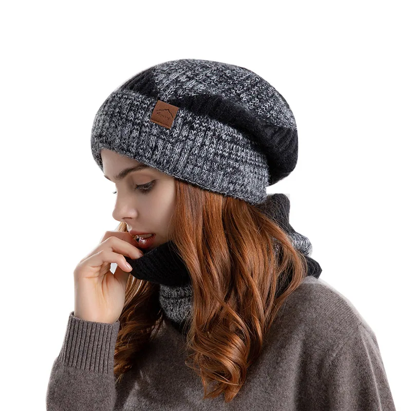 2pcs Knitted Hat Suit With Scarf Winter Two-color Hat And Thick Warm Earflaps Wool Scarf — detail 8